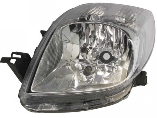 Toyota Yaris II. 2009.01.01-2011.10.15 utángyártott új bal első fényszóró H4 króm házas V-tip. (motoros) TYC
